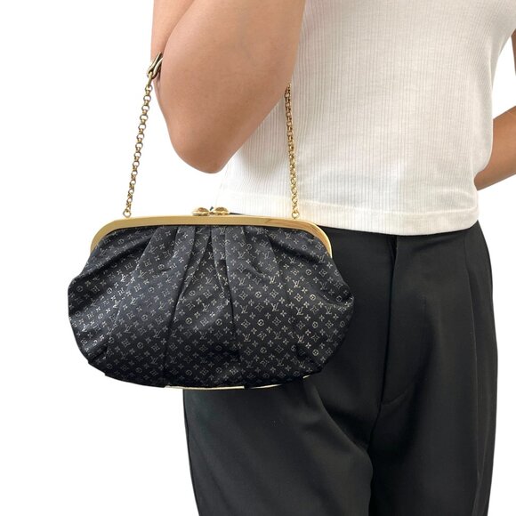 LOUIS VUITTON Vintage Monogram Aumoniere Mini Evening Bag Black Satin [106329] - Picture 3 of 12